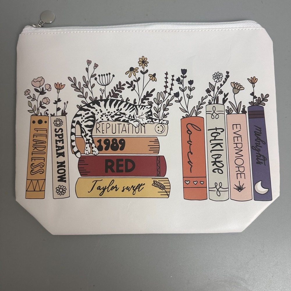 Taylor Swift Eras Cat Book Stack Makeup Bag White Faux Leather Zipper Pouch